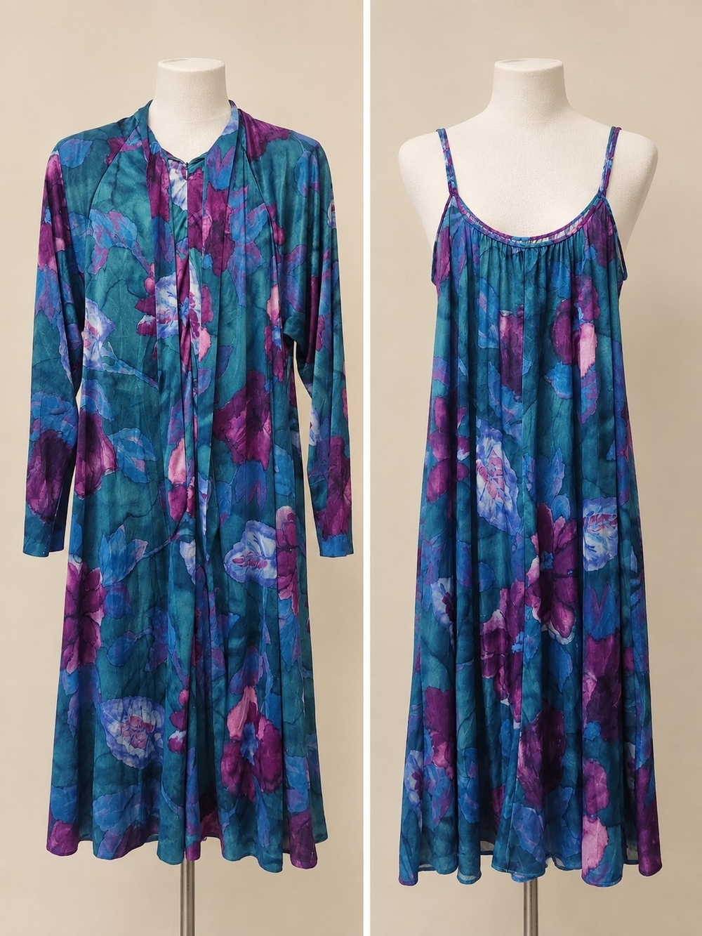 ♤ Lucie Ann Teal & Purple Floral Nightgown and Robe Set — Women's Sleepwear
